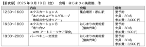 前夜祭スケジュール 2025年9月19日（金）　会場：はじまりの美術館、他 12:30〜16:00 エクスカーションA 「あさかホスピタルグループ地域共生包括ツアー」 集合場所：郡山駅 要予約 定員：20名 参加費：3,000円 16:30〜18:00 エクスカーションB 「寄り合い with アートミーツケア学会」 会場：はじまりの美術館 （猪苗代町） 要予約 定員：30名 参加費：500円 18:00〜20:00 バーベキュー交流会 会場：はじまりの美術館（猪苗代町） 要予約 定員：30名 参加費：3,500円